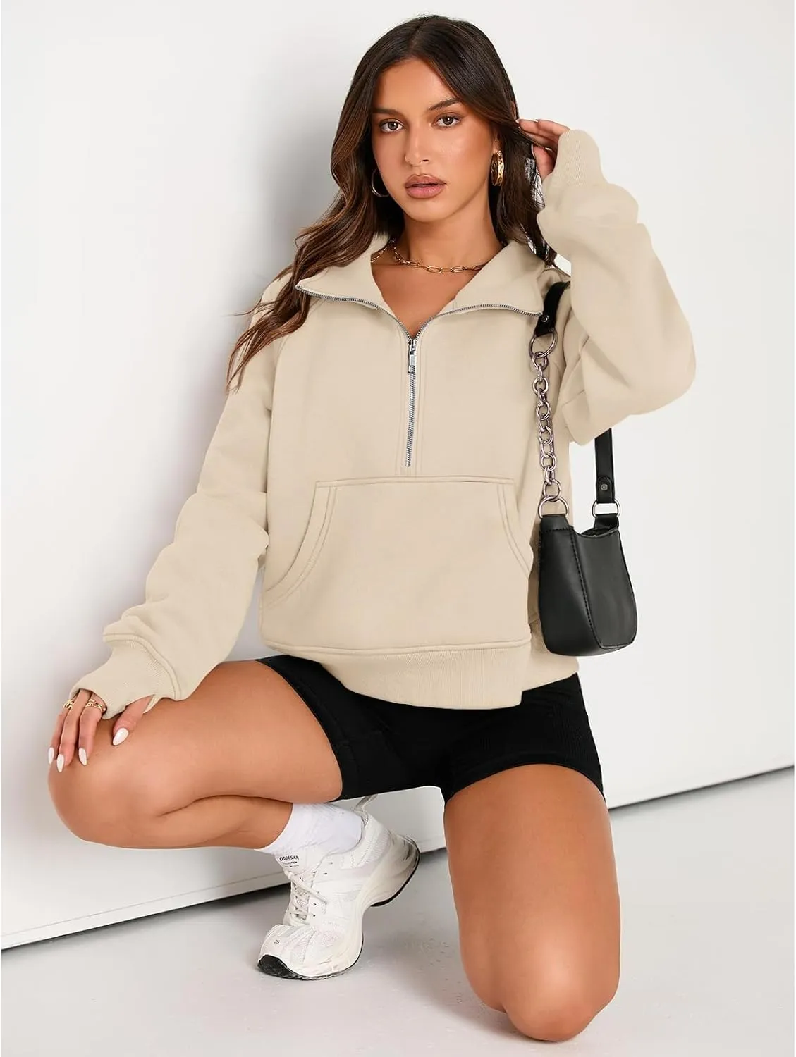 Womens Sweatshirts Half Zip Cropped Pullover Fleece Quarter Hoodies Fall Outfits Casual Hooded Y2k Winter Clothes
