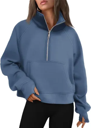 Womens Sweatshirts Half Zip Cropped Pullover Fleece Quarter Hoodies Fall Outfits Casual Hooded Y2k Winter Clothes