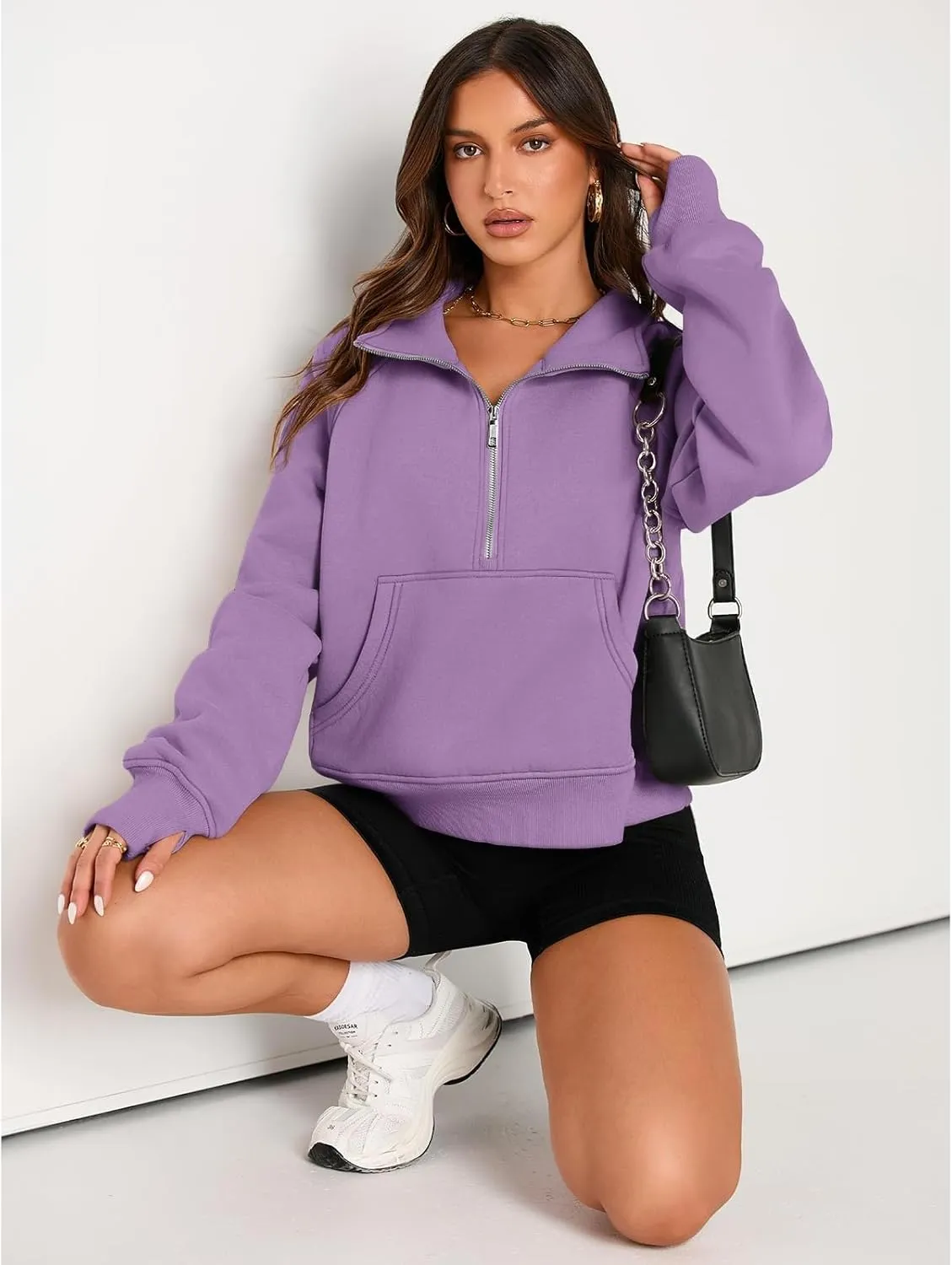 Womens Sweatshirts Half Zip Cropped Pullover Fleece Quarter Hoodies Fall Outfits Casual Hooded Y2k Winter Clothes