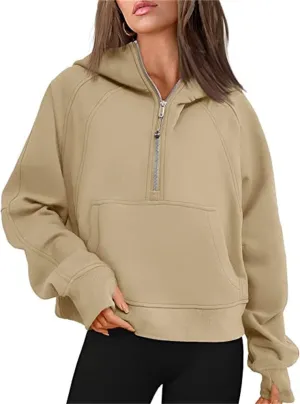 Womens Sweatshirts Half Zip Cropped Pullover Fleece Quarter Zipper Hoodies Fall outfits Clothes Thumb Hole