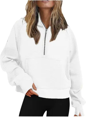Womens Sweatshirts Half Zip Cropped Pullover Fleece Quarter Zipper Hoodies Thumb Hole Solid Sweatshirt with Pocket