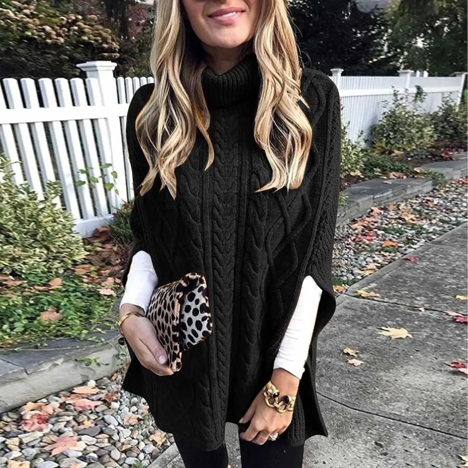 Women's Turtleneck Cable Knit Sweater High Neck Balloon Short Sleeve Side Splite Chunky Pullovers Fashion Jumper Tops