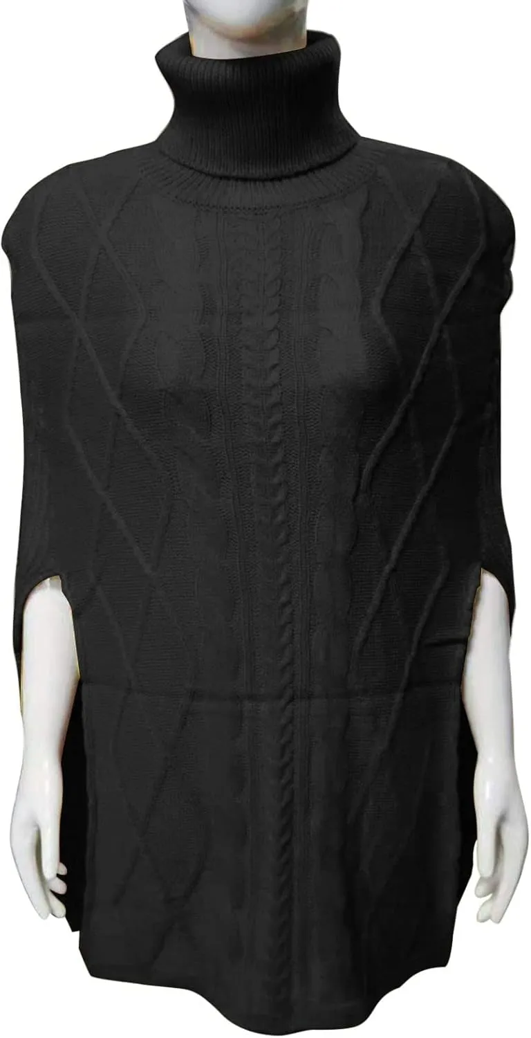 Women's Turtleneck Cable Knit Sweater High Neck Balloon Short Sleeve Side Splite Chunky Pullovers Fashion Jumper Tops