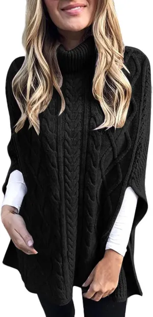 Women's Turtleneck Cable Knit Sweater High Neck Balloon Short Sleeve Side Splite Chunky Pullovers Fashion Jumper Tops