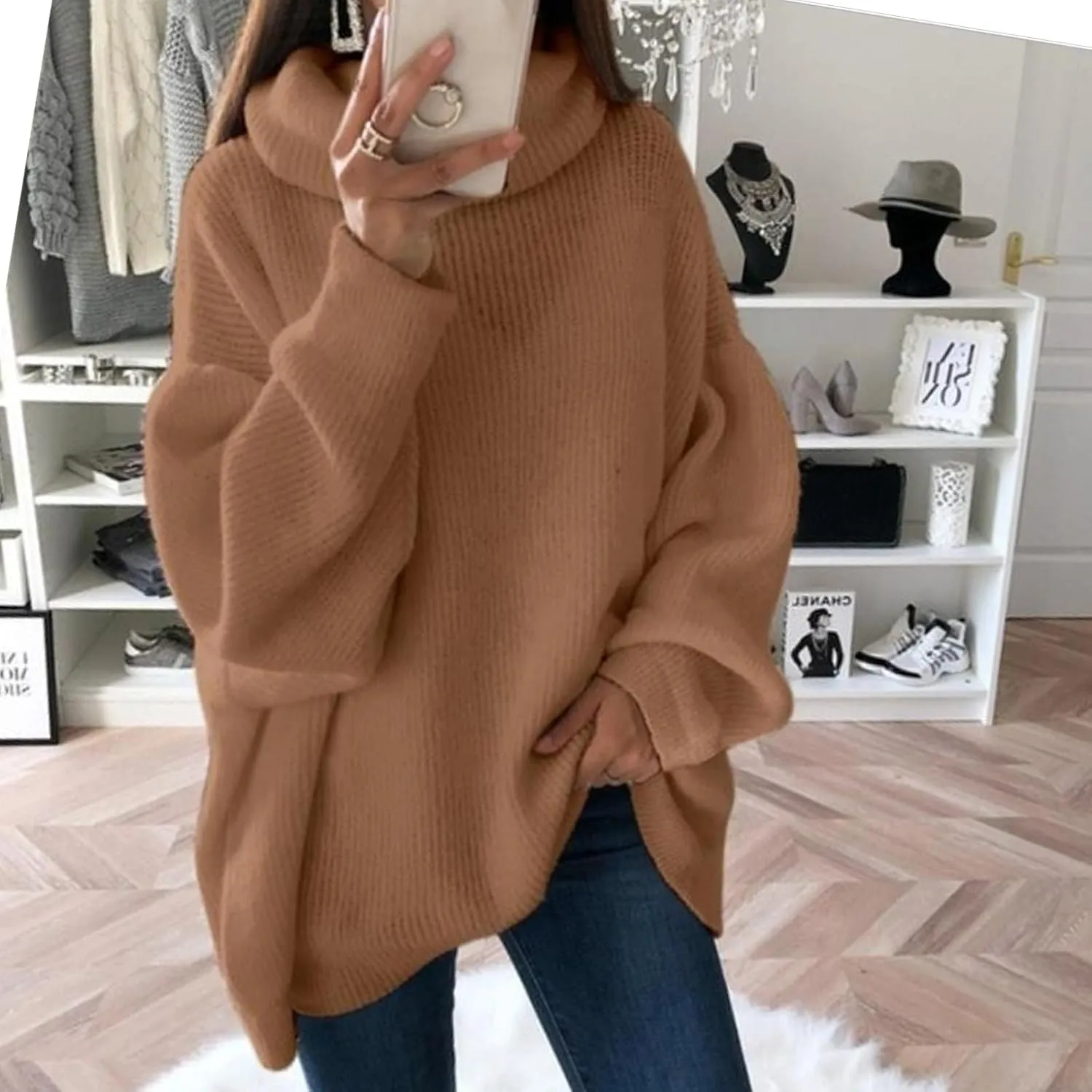 Women's Turtleneck Oversized Sweaters Batwing Chunky Pullover Sweater Casual Fall Loose Knit Jumper Tops