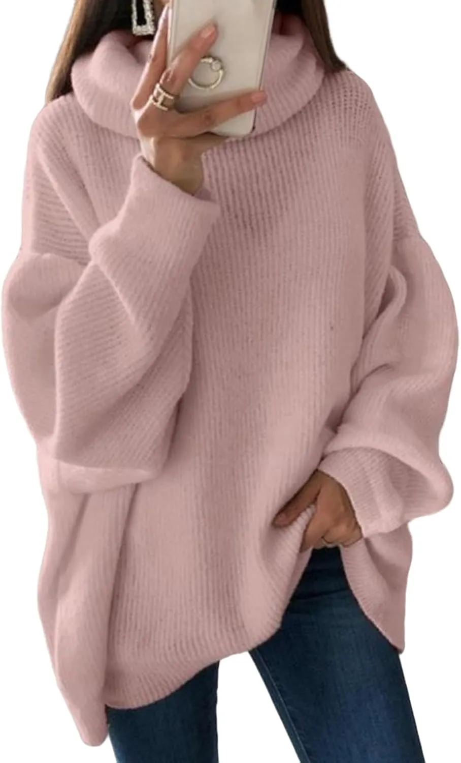 Women's Turtleneck Oversized Sweaters Batwing Chunky Pullover Sweater Casual Fall Loose Knit Jumper Tops