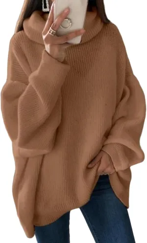 Women's Turtleneck Oversized Sweaters Batwing Chunky Pullover Sweater Casual Fall Loose Knit Jumper Tops
