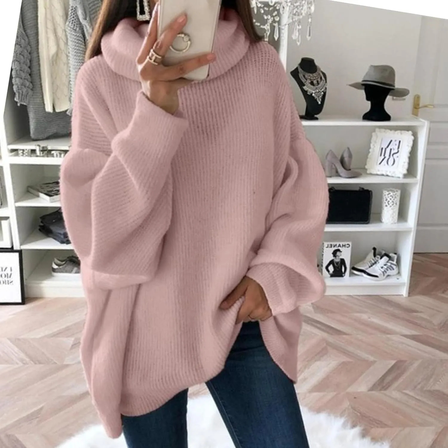 Women's Turtleneck Oversized Sweaters Batwing Chunky Pullover Sweater Casual Fall Loose Knit Jumper Tops