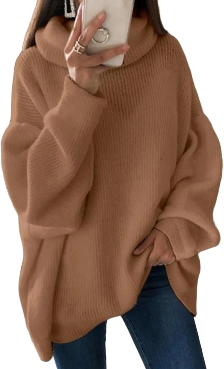 Women's Turtleneck Oversized Sweaters Batwing Chunky Pullover Sweater Casual Fall Loose Knit Jumper Tops