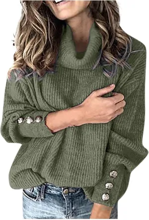 Women's Turtleneck Oversized Sweaters Long Sleeve Pullover Loose Knit Jumper Striped Print Button Jumper Tops