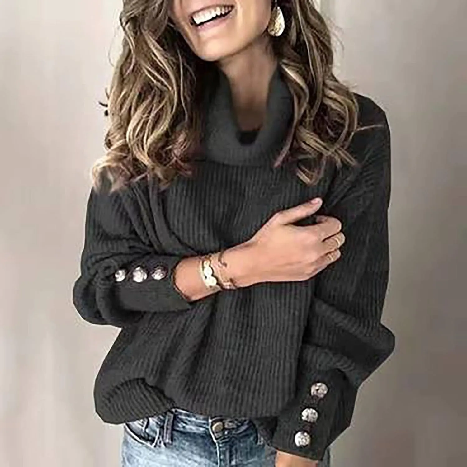 Women's Turtleneck Oversized Sweaters Long Sleeve Pullover Loose Knit Jumper Striped Print Button Jumper Tops