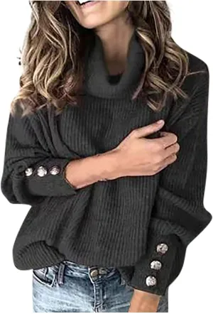 Women's Turtleneck Oversized Sweaters Long Sleeve Pullover Loose Knit Jumper Striped Print Button Jumper Tops