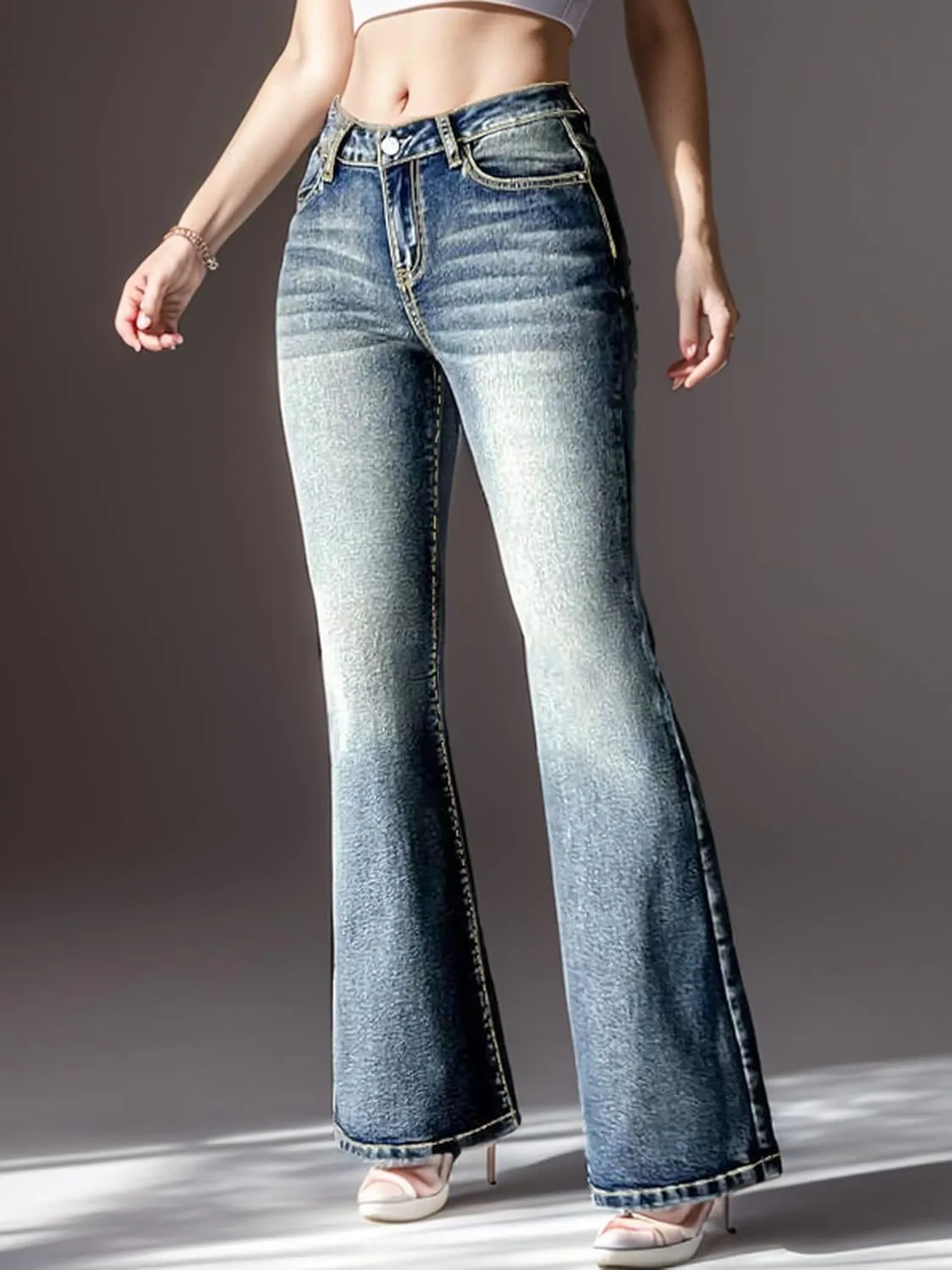 Womens Vintage Jeans High Elastic Denim Jeans with Pockets Embroidered Bootcut Trousers for Temperament Commute and