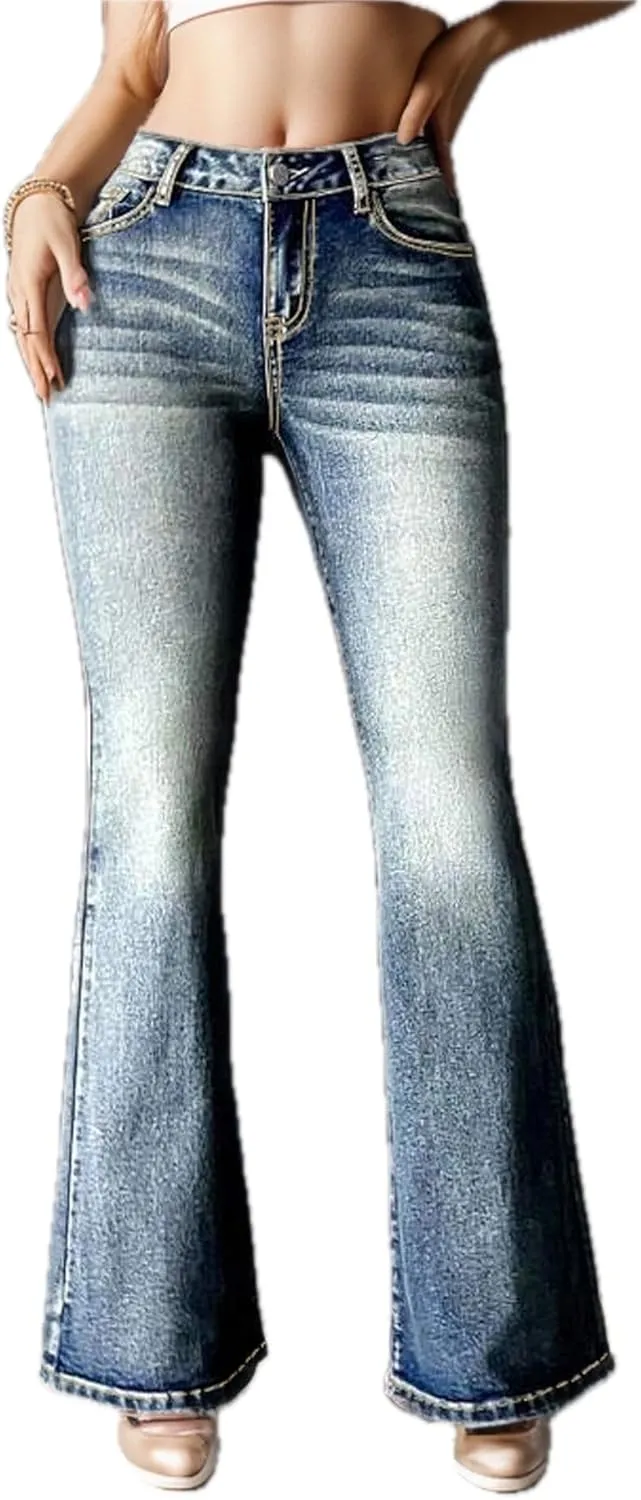 Womens Vintage Jeans High Elastic Denim Jeans with Pockets Embroidered Bootcut Trousers for Temperament Commute and