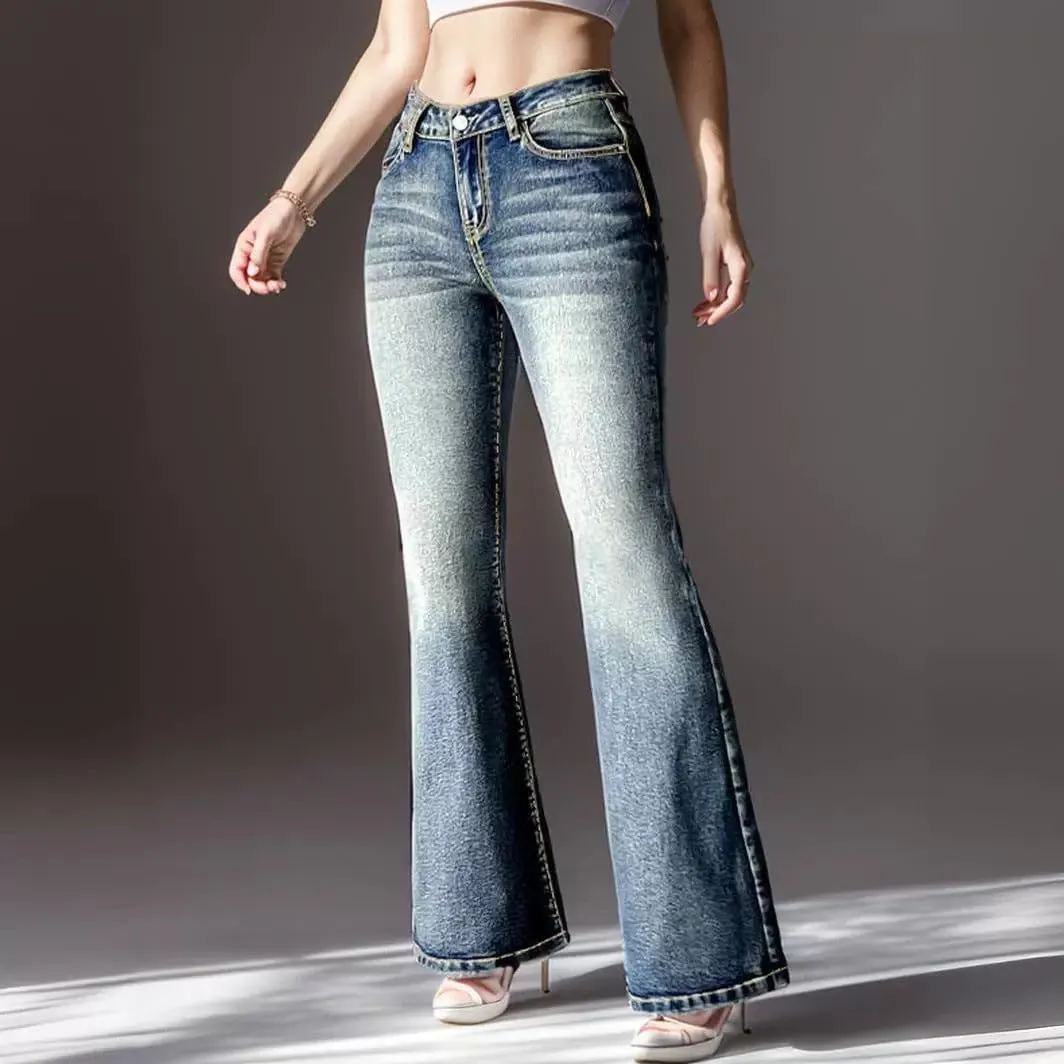 Womens Vintage Jeans High Elastic Denim Jeans with Pockets Embroidered Bootcut Trousers for Temperament Commute and