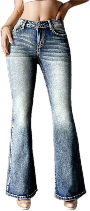 Womens Vintage Jeans High Elastic Denim Jeans with Pockets Embroidered Bootcut Trousers for Temperament Commute and