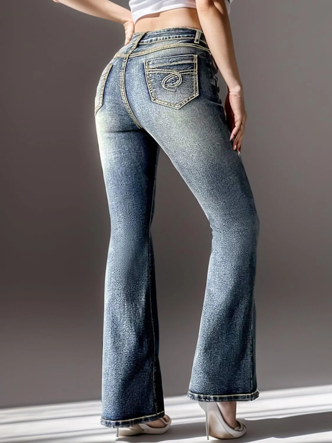 Womens Vintage Jeans High Elastic Denim Jeans with Pockets Embroidered Bootcut Trousers for Temperament Commute and