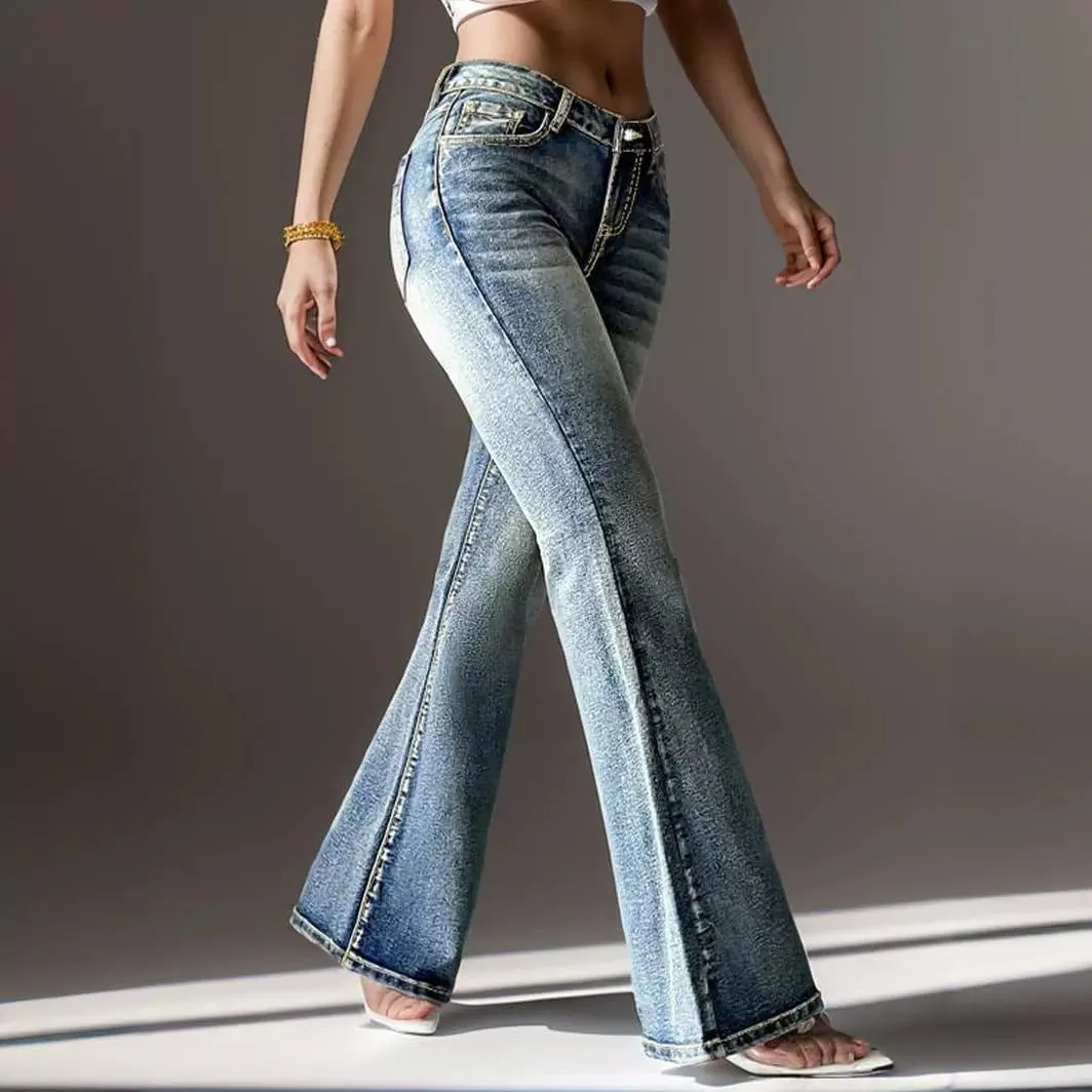 Womens Vintage Jeans High Elastic Denim Jeans with Pockets Embroidered Bootcut Trousers for Temperament Commute and