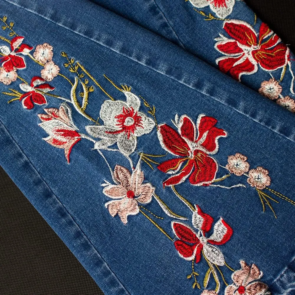Women's Wide-Leg Denim Pants with a Stylish Floral Embroidered Bell Bottom Flare Jeans