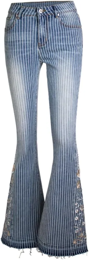 Women's Wide-Leg Denim Pants with a Stylish Floral Embroidered Bell Bottom Flare Jeans