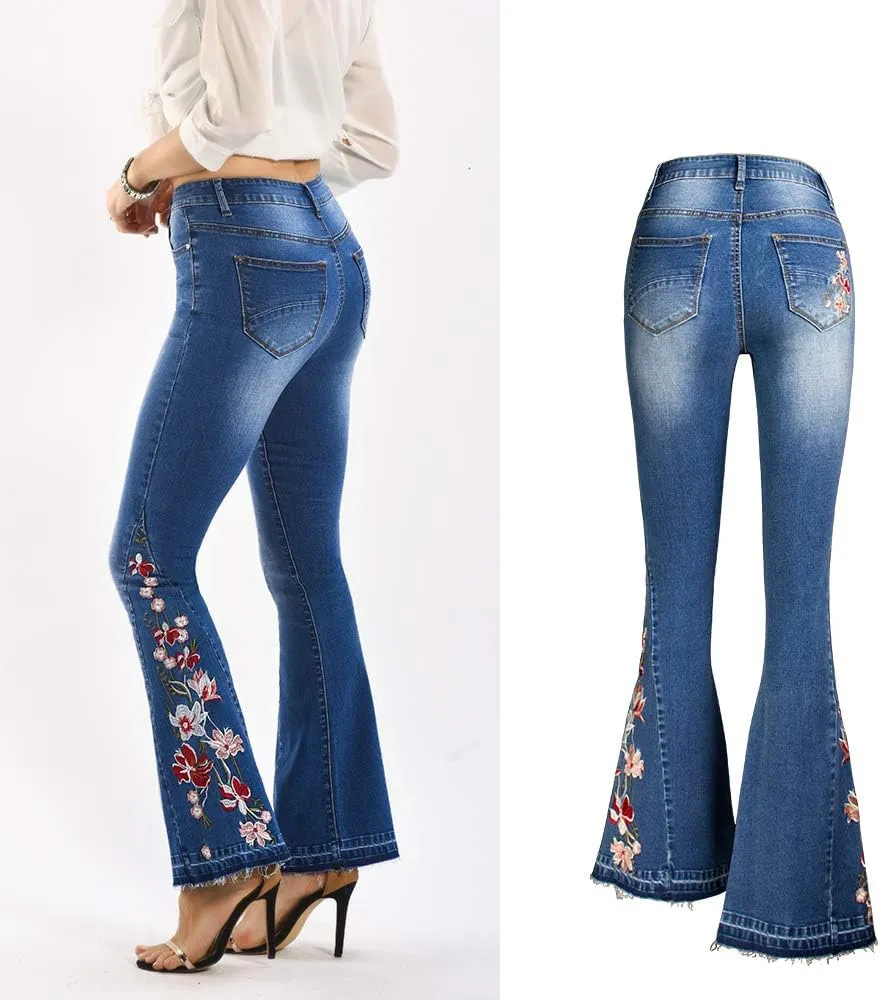 Women's Wide-Leg Denim Pants with a Stylish Floral Embroidered Bell Bottom Flare Jeans