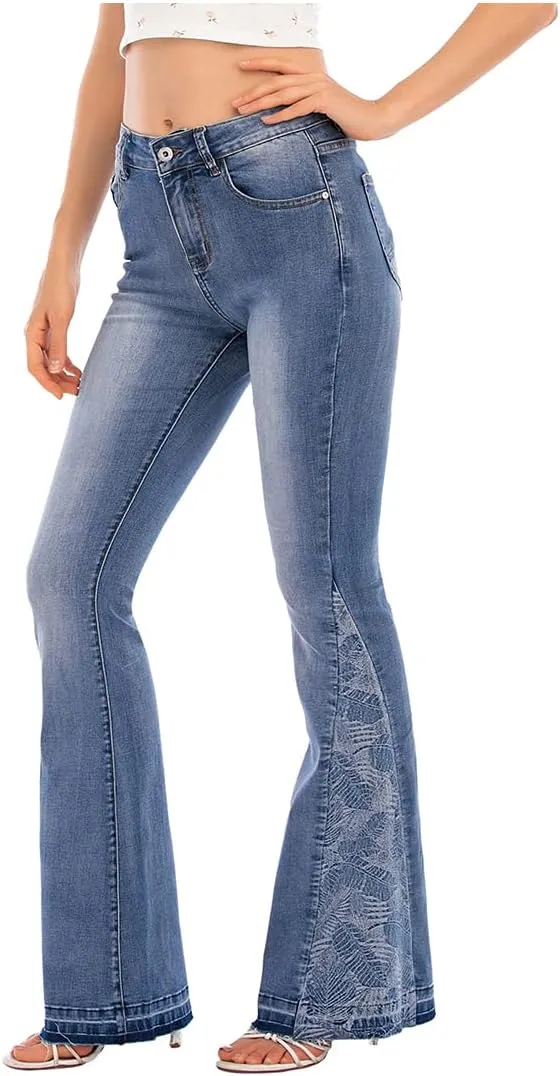 Women's Wide-Leg Denim Pants with a Stylish Floral Embroidered Bell Bottom Flare Jeans