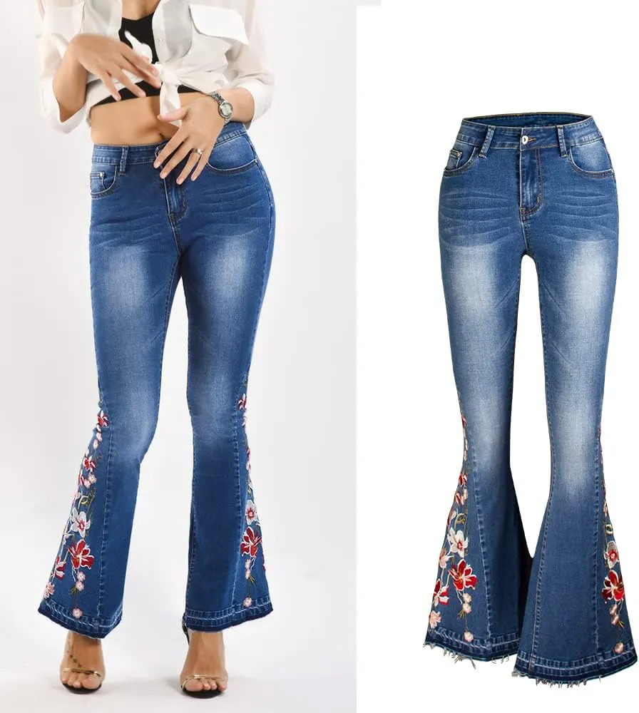 Women's Wide-Leg Denim Pants with a Stylish Floral Embroidered Bell Bottom Flare Jeans