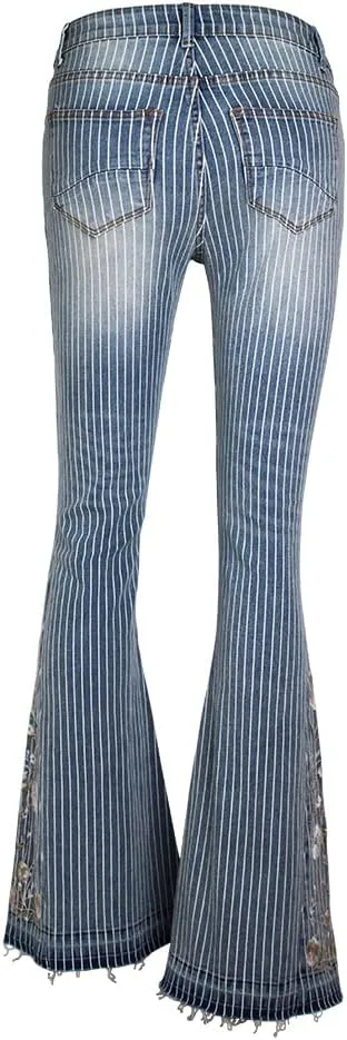 Women's Wide-Leg Denim Pants with a Stylish Floral Embroidered Bell Bottom Flare Jeans