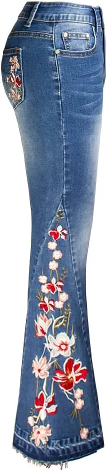 Women's Wide-Leg Denim Pants with a Stylish Floral Embroidered Bell Bottom Flare Jeans