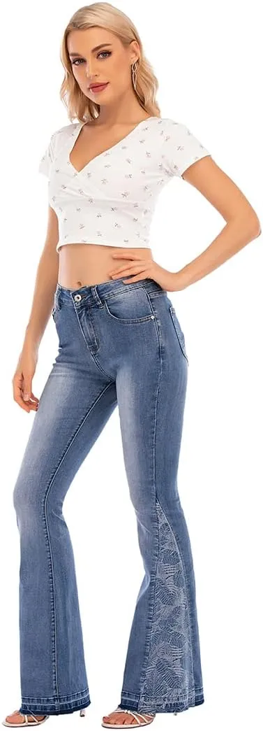 Women's Wide-Leg Denim Pants with a Stylish Floral Embroidered Bell Bottom Flare Jeans