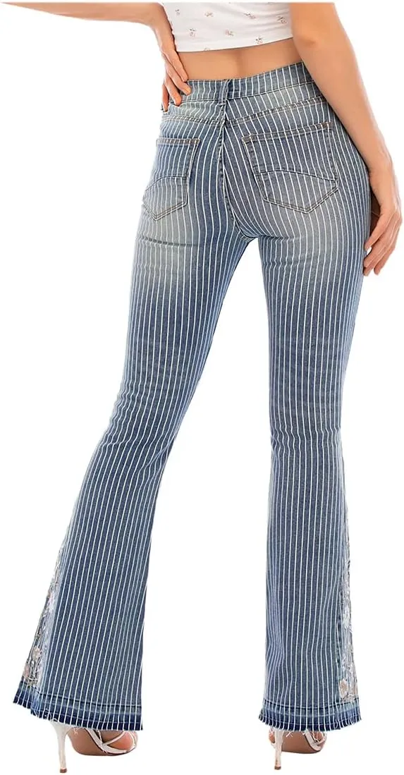 Women's Wide-Leg Denim Pants with a Stylish Floral Embroidered Bell Bottom Flare Jeans