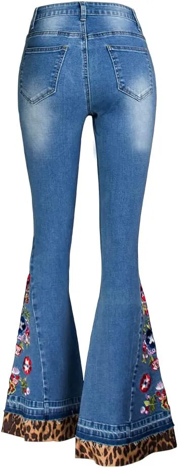 Women's Wide-Leg Denim Pants with a Stylish Floral Embroidered Bell Bottom Flare Jeans