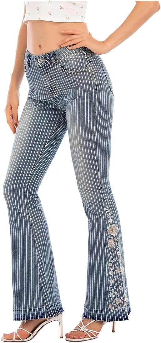 Women's Wide-Leg Denim Pants with a Stylish Floral Embroidered Bell Bottom Flare Jeans