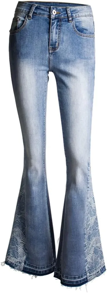 Women's Wide-Leg Denim Pants with a Stylish Floral Embroidered Bell Bottom Flare Jeans