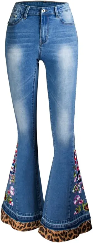 Women's Wide-Leg Denim Pants with a Stylish Floral Embroidered Bell Bottom Flare Jeans
