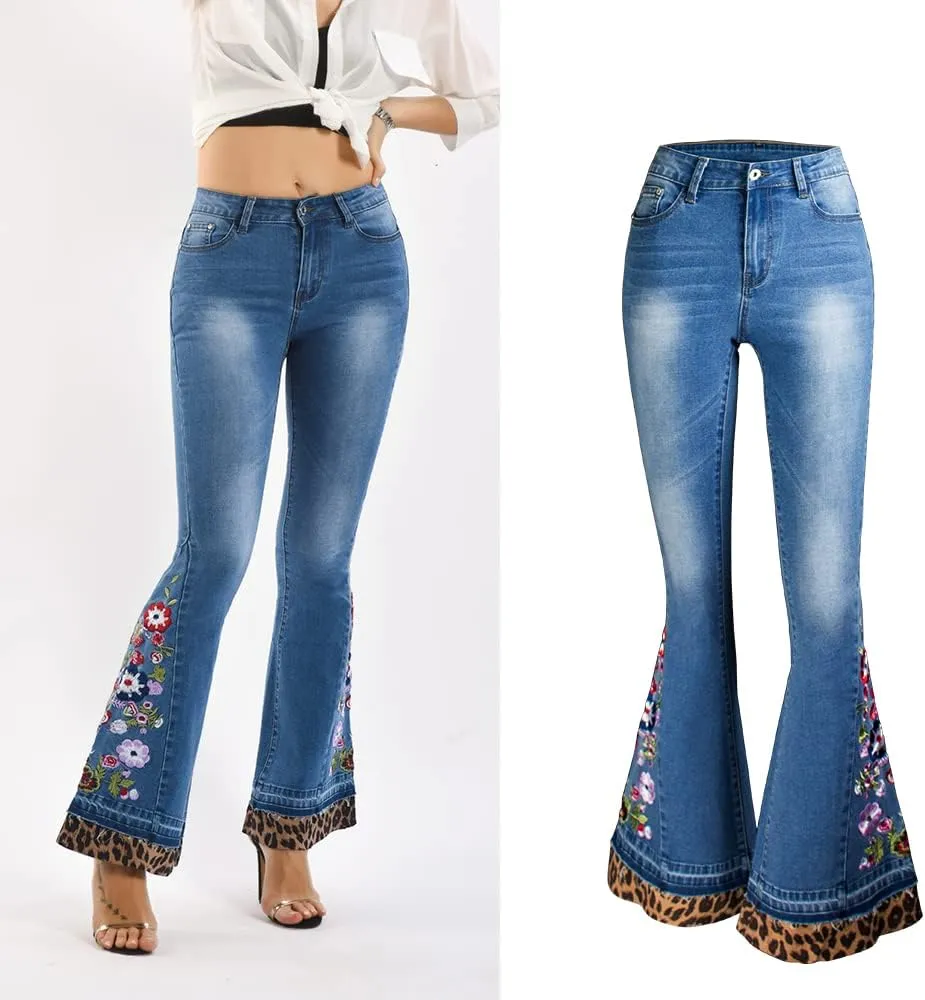 Women's Wide-Leg Denim Pants with a Stylish Floral Embroidered Bell Bottom Flare Jeans