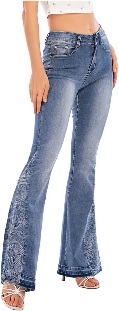 Women's Wide-Leg Denim Pants with a Stylish Floral Embroidered Bell Bottom Flare Jeans