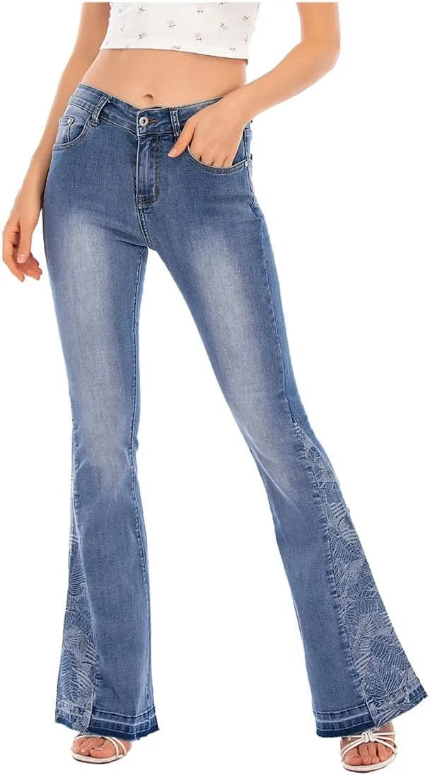 Women's Wide-Leg Denim Pants with a Stylish Floral Embroidered Bell Bottom Flare Jeans