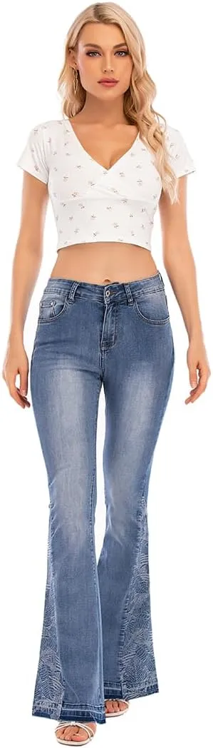 Women's Wide-Leg Denim Pants with a Stylish Floral Embroidered Bell Bottom Flare Jeans