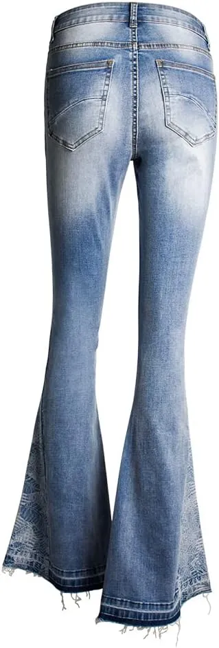 Women's Wide-Leg Denim Pants with a Stylish Floral Embroidered Bell Bottom Flare Jeans