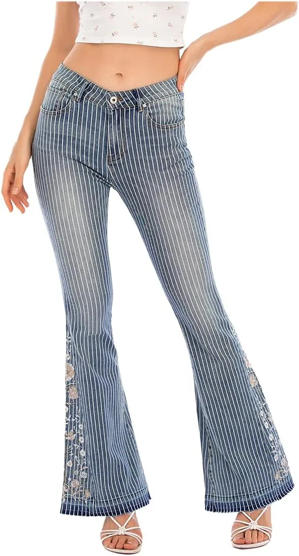 Women's Wide-Leg Denim Pants with a Stylish Floral Embroidered Bell Bottom Flare Jeans