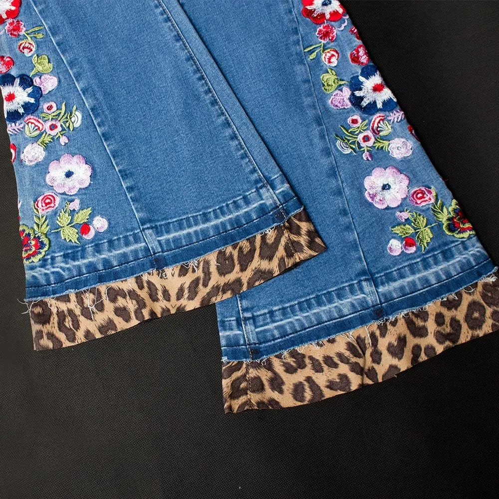 Women's Wide-Leg Denim Pants with a Stylish Floral Embroidered Bell Bottom Flare Jeans