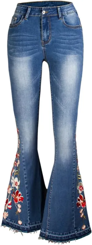 Women's Wide-Leg Denim Pants with a Stylish Floral Embroidered Bell Bottom Flare Jeans