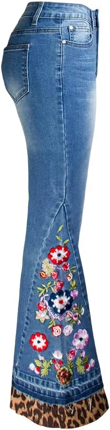 Women's Wide-Leg Denim Pants with a Stylish Floral Embroidered Bell Bottom Flare Jeans