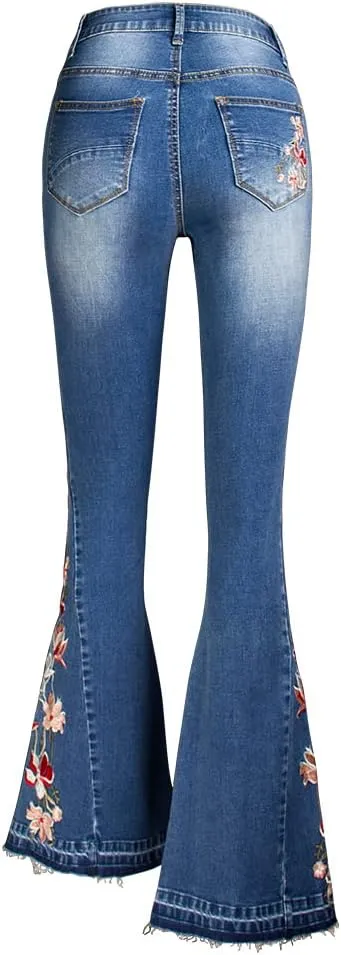 Women's Wide-Leg Denim Pants with a Stylish Floral Embroidered Bell Bottom Flare Jeans