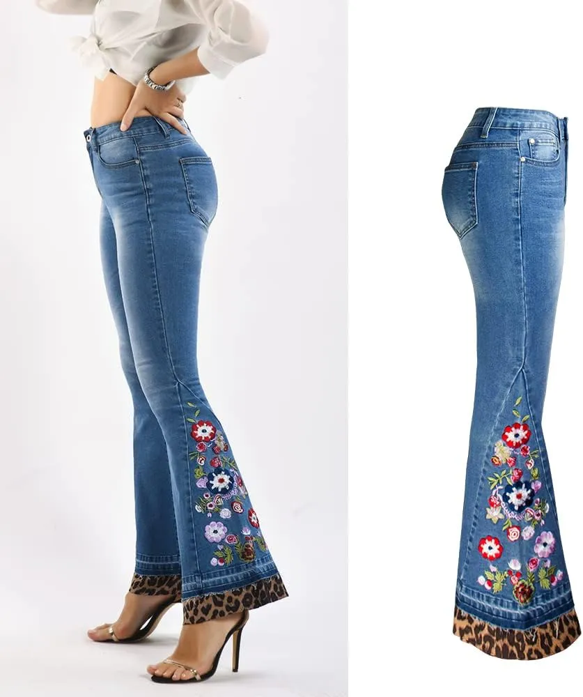 Women's Wide-Leg Denim Pants with a Stylish Floral Embroidered Bell Bottom Flare Jeans