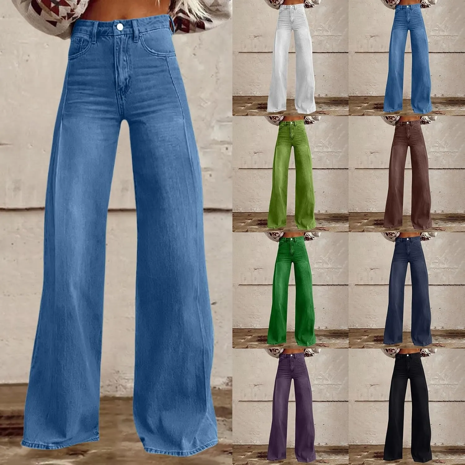 Women's Wide Leg Jeans Casual Loose Solid Color High Waisted Flare Baggy Jean Stretch Denim Pants