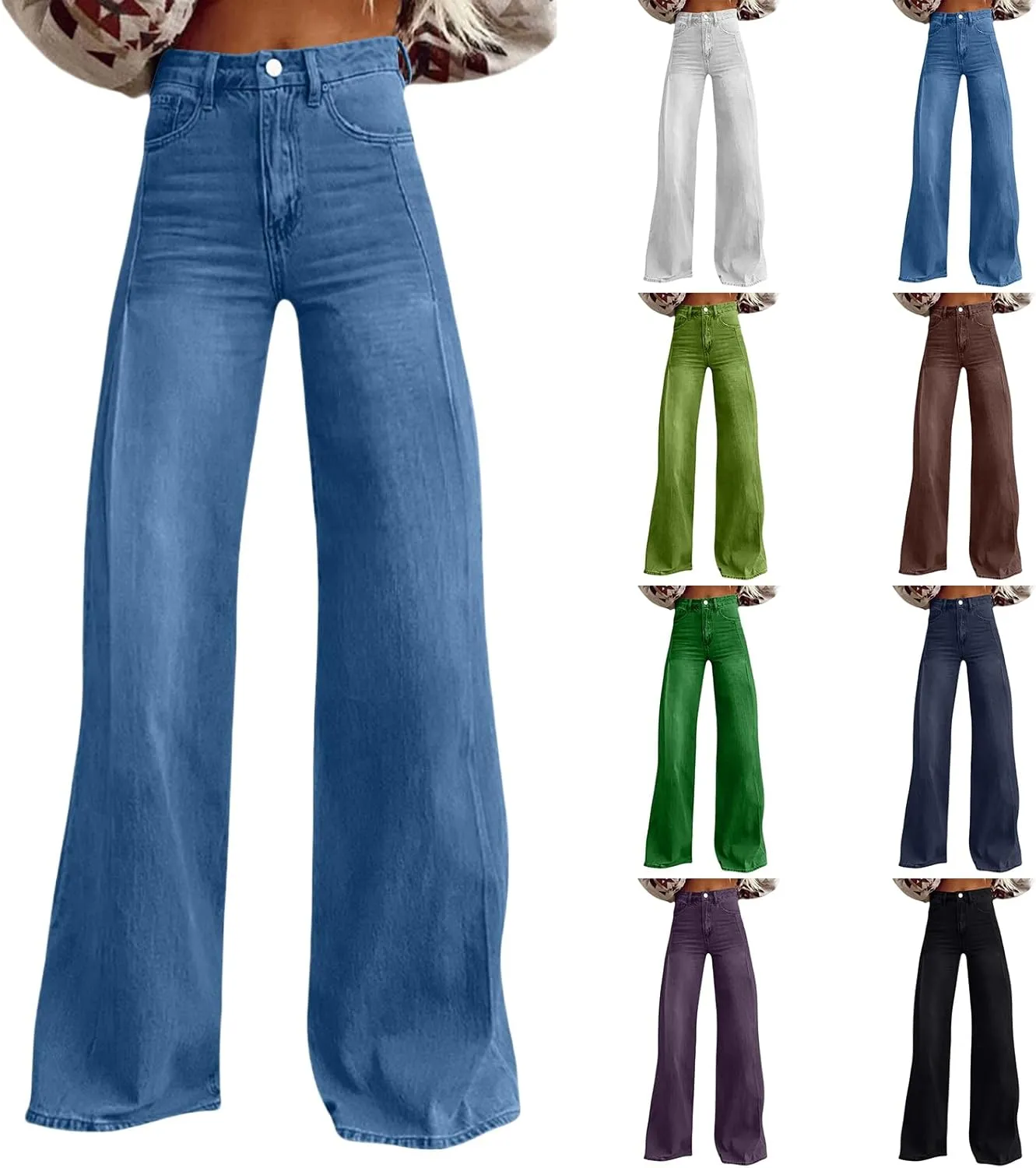 Women's Wide Leg Jeans Casual Loose Solid Color High Waisted Flare Baggy Jean Stretch Denim Pants