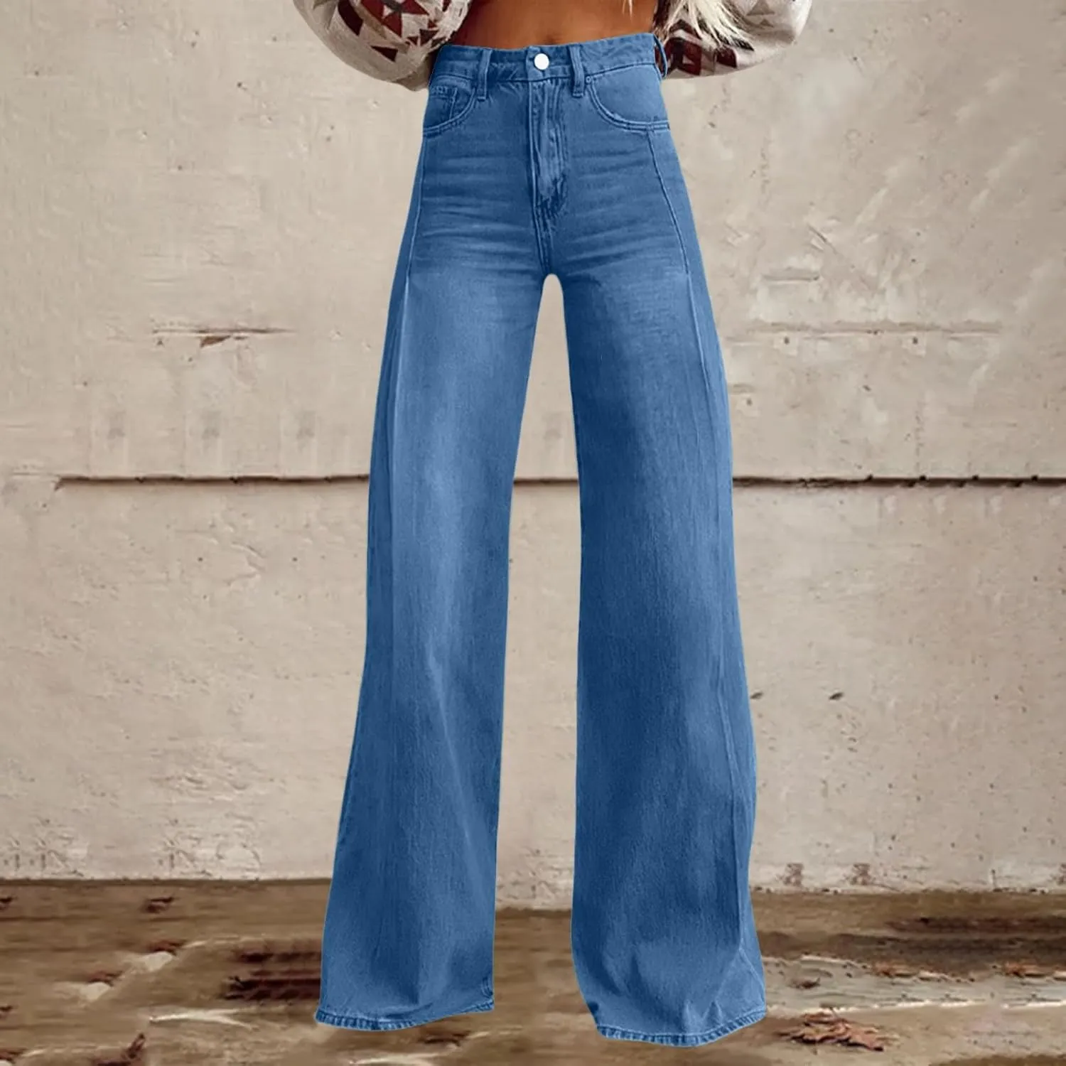 Women's Wide Leg Jeans Casual Loose Solid Color High Waisted Flare Baggy Jean Stretch Denim Pants