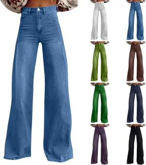 Women's Wide Leg Jeans Casual Loose Solid Color High Waisted Flare Baggy Jean Stretch Denim Pants